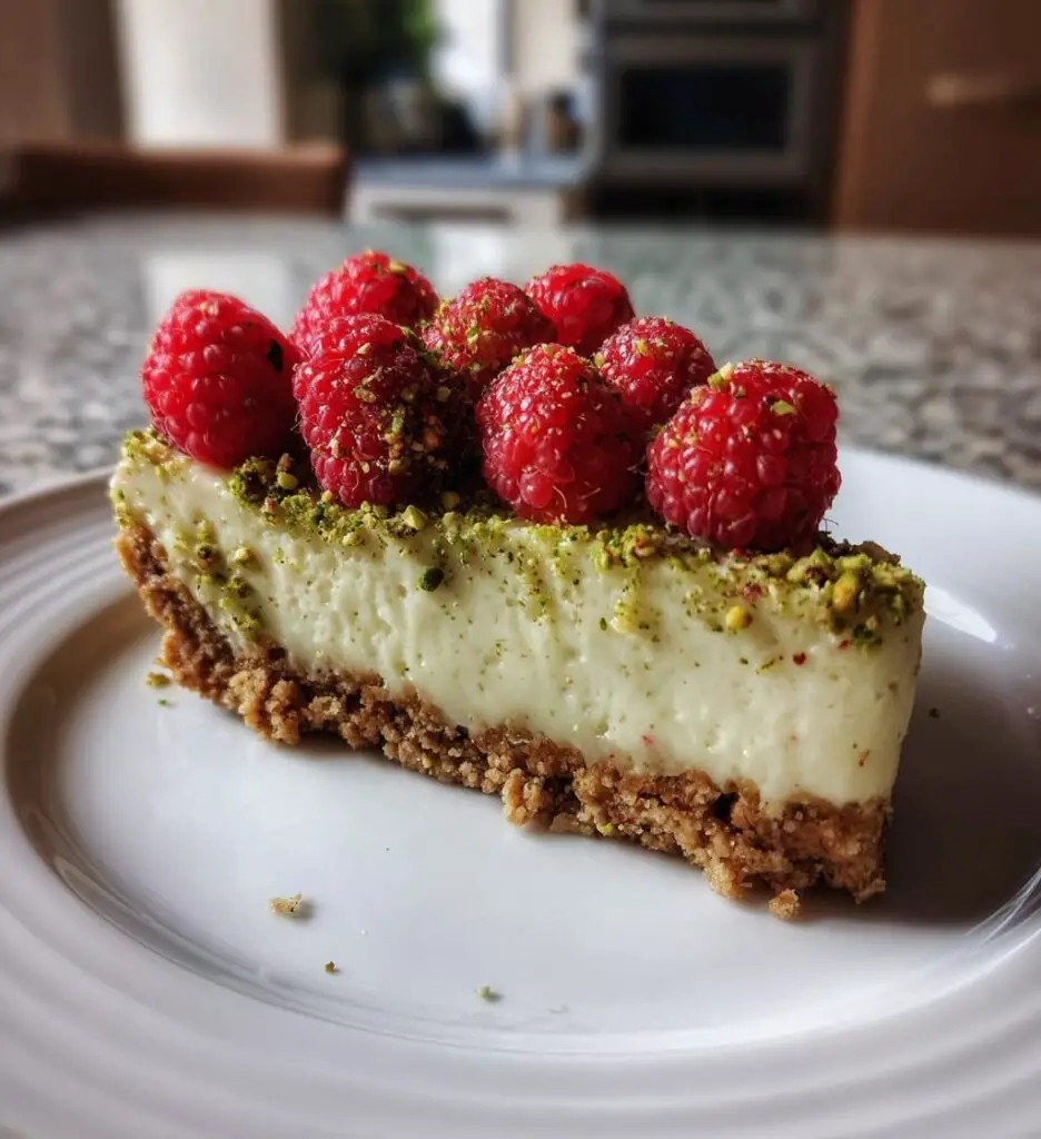 Sernik pistacjowy na zimno z malinami
