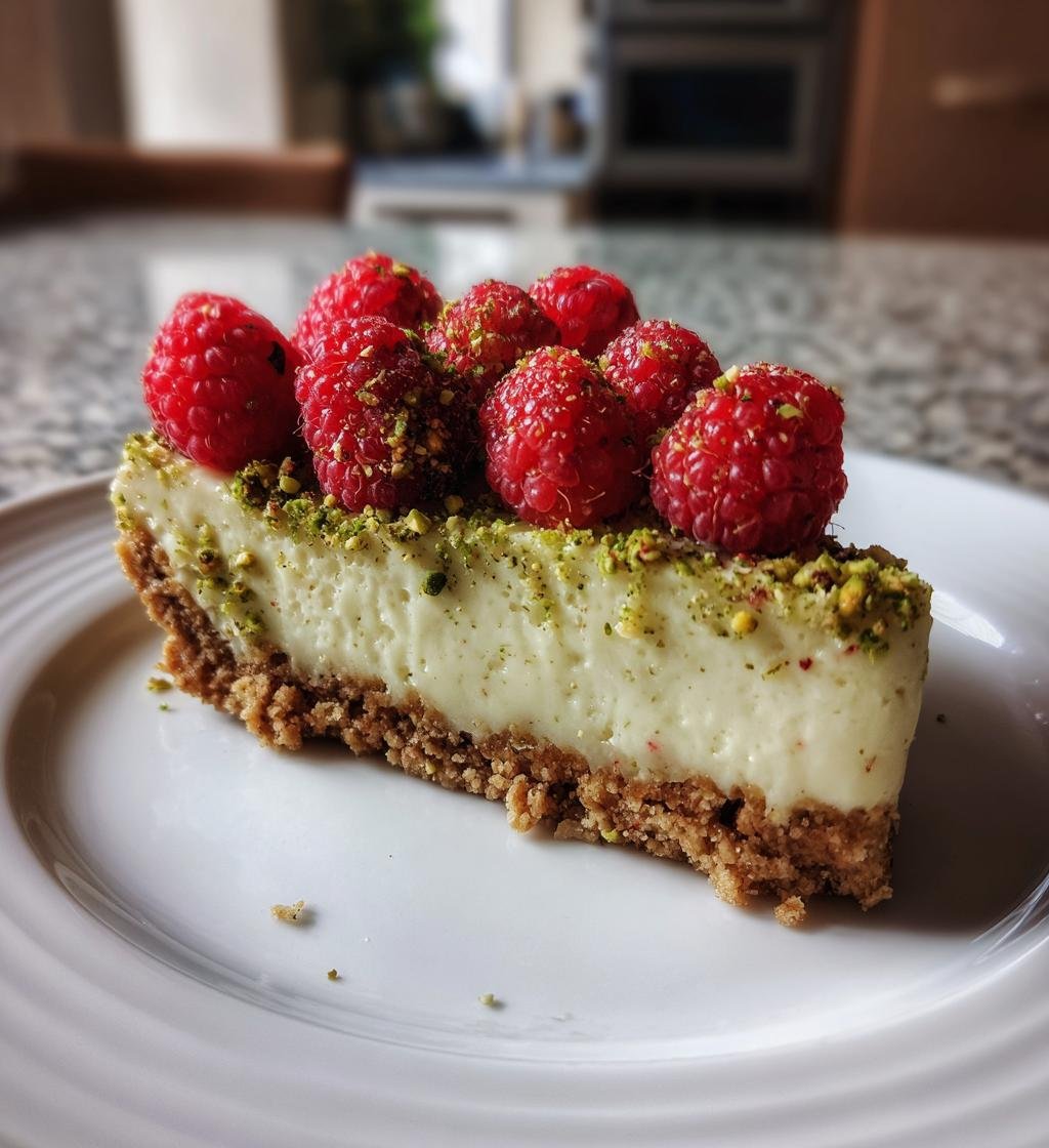 Sernik pistacjowy na zimno z malinami